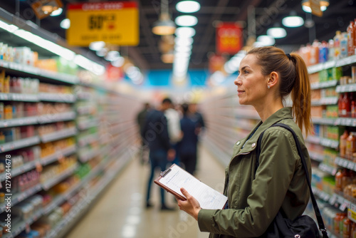 Woman Browsing Grocery Store Aisles While Holding a Book photo