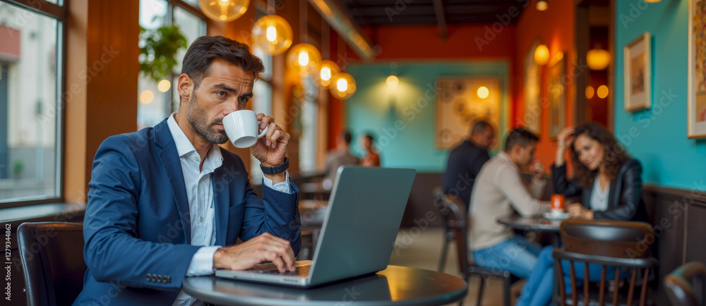 Man Working on Laptop with Coffee at Table Man Working on Laptop with Coffee at Table