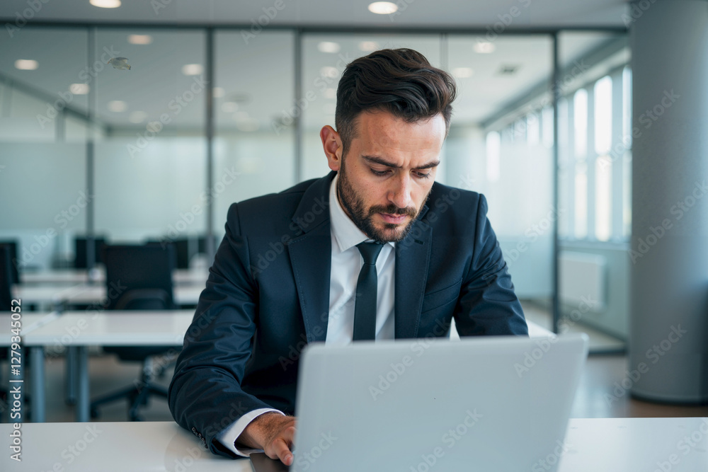Professional Man in Suit at Table with Laptop Working Focused Professional Man in Suit at Table with Laptop Working Focused