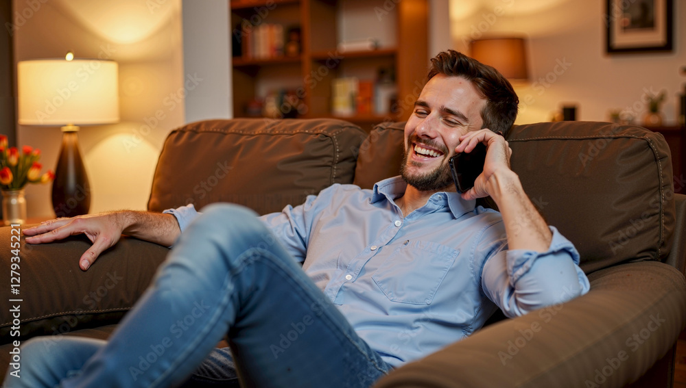 Arafed Man on Couch Engaged in Cell Phone Conversation Arafed Man on Couch Engaged in Cell Phone Conversation