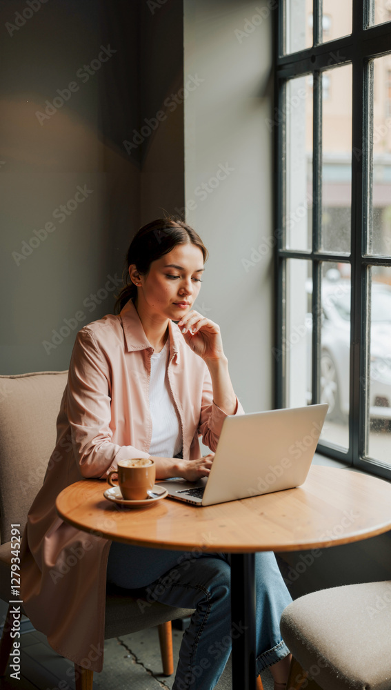 Woman Working on Laptop at Table with Coffee Cup Woman Working on Laptop at Table with Coffee Cup