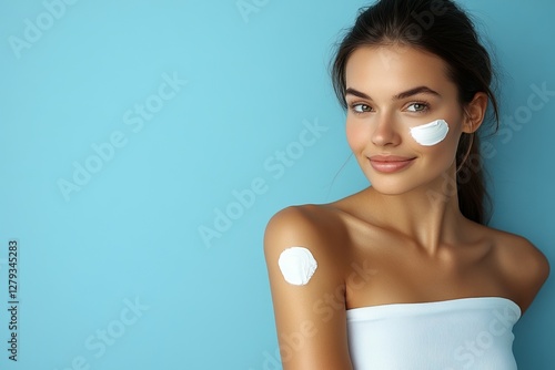 Young woman moisturizing her shoulder skin using cream or lotion isolated on blue background, cropped closeup shot