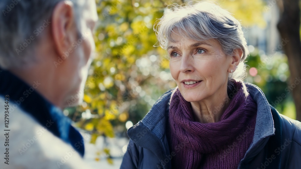 Senior couple in conversation outdoors with autumn foliage. Ideal for active aging, relationship longevity, or senior lifestyle content. Senior couple in conversation outdoors with autumn foliage. Ideal for active aging, relationship longevity, or senior lifestyle content.