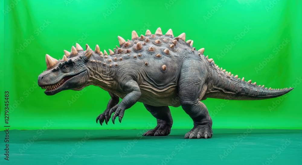 Fototapeta premium A full-size Ankylosaurus stands against a bright green backdrop, showcasing its armored body and spiked tail while appearing alert and dynamic