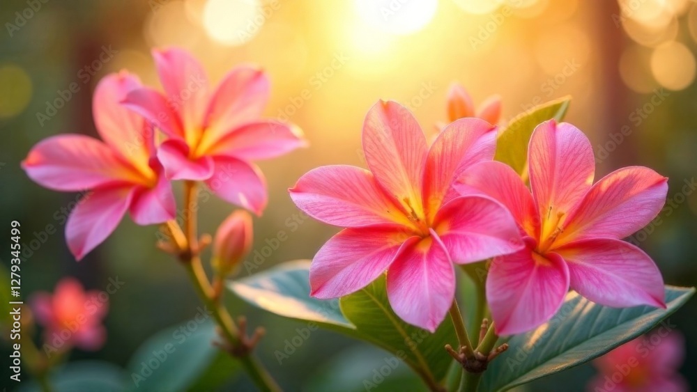 Fototapeta premium A bunch of pink flowers with yellow centers are in a field. The flowers are in full bloom and are surrounded by green leaves. The scene is peaceful and serene