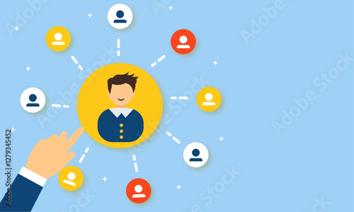 Niche marketing and customer satisfaction research, Market research and segmentation strategy, Marketer touching the customer, Best review icon, vector, illustration, business