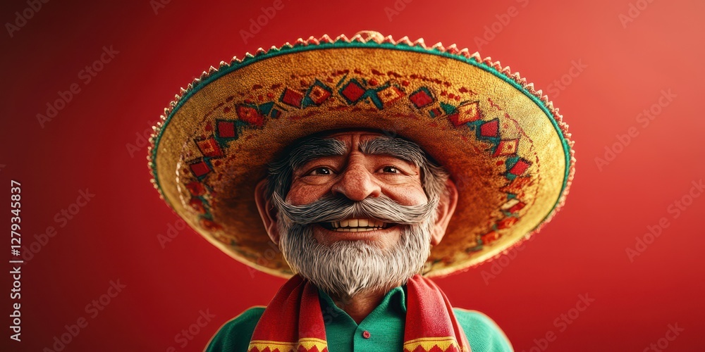 Smiling man wearing a traditional sombrero and colorful attire against a vibrant red background Smiling man wearing a traditional sombrero and colorful attire against a vibrant red background