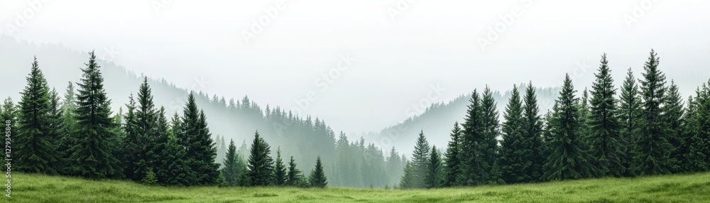 Lush Green Forest Landscape with Misty Mountains in the Background on a Peaceful Foggy Day Lush Green Forest Landscape with Misty Mountains in the Background on a Peaceful Foggy Day