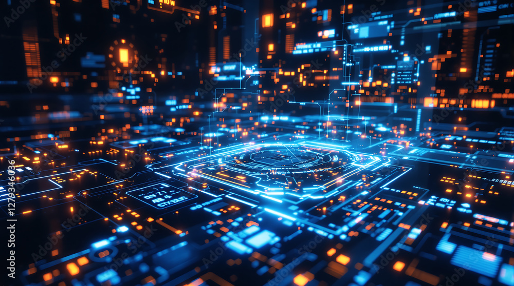 Futuristic Cyberpunk Cityscape: High-Tech Circuit Board Design with Glowing Blue and Orange Lights, Abstract Technology Background Futuristic Cyberpunk Cityscape: High-Tech Circuit Board Design with Glowing Blue and Orange Lights, Abstract Technology Background