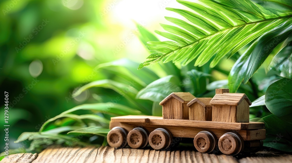Wooden toy truck transporting houses in a lush green environment. Possible use Educational material, illustration Wooden toy truck transporting houses in a lush green environment. Possible use Educational material, illustration