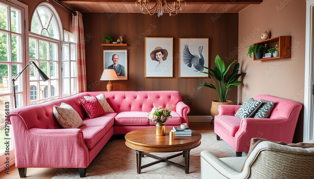 Fototapeta premium Cozy living room features a stylish pink couch complemented with a charming coffee table, creating a warm and inviting atmosphere, 8k 