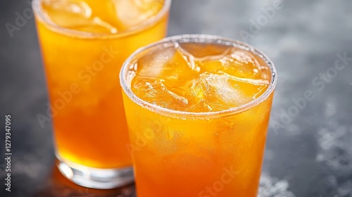 Fototapeta Naklejka Na Ścianę i Meble -  Refreshing Orange Drink with Ice in Transparent Glasses