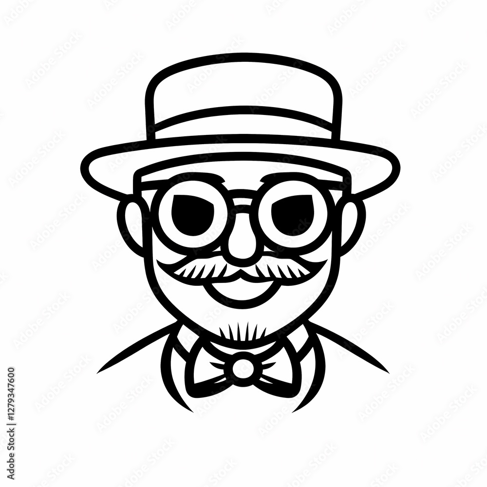 A black and white line art logo design of a laughing face wearing a hat
A black and white line art logo design of a laughing face wearing a hat