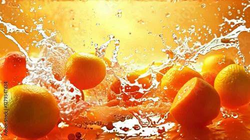 Splash of orange juice is splashing out of a glass. The oranges are floating in the water