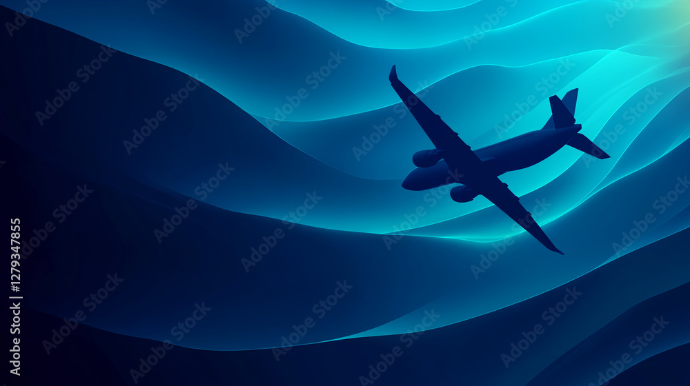 Naklejka premium Silhouette of an airplane flying through abstract blue waves, symbolizing travel, freedom, and adventure in a modern, dynamic atmosphere with motion and energy.