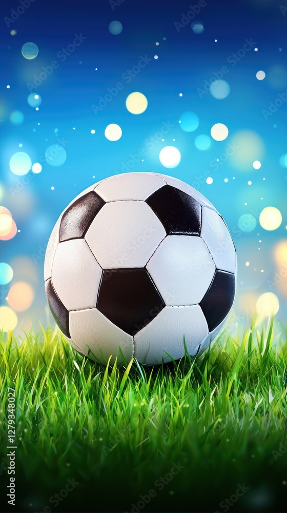 Naklejka premium Soccer ball on grass, night sky background, sports image, use in ad, poster, or website