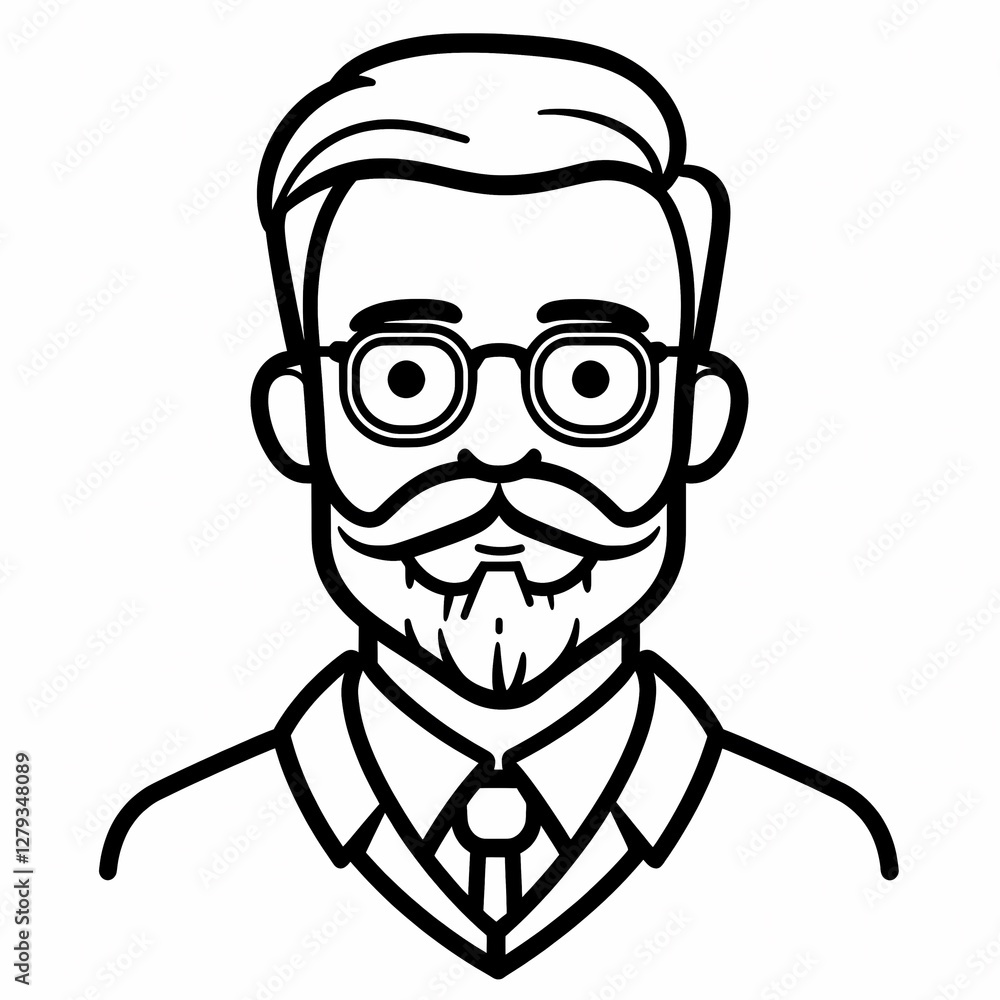 Black and white line art icon of a scientist with a short beard and moustache for science-related designs.
Black and white line art icon of a scientist with a short beard and moustache for science-related designs.