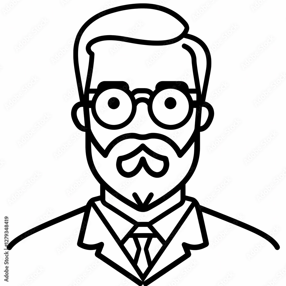 Black and white line art icon of a scientist with a short beard and moustache for science-related designs.
Black and white line art icon of a scientist with a short beard and moustache for science-related designs.