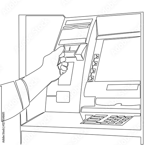 Continuous one single line drawing Hand Inserting Card Into ATM, Highlighting Seamless Banking Experience and Secure Financial Transactions icon vector illustration concept