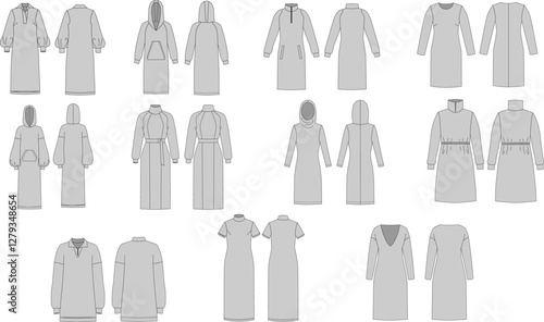 A set of technical drawings of a variety of knitted dresses. Technical illustration of casual wear, front and back view, CAD mockup.