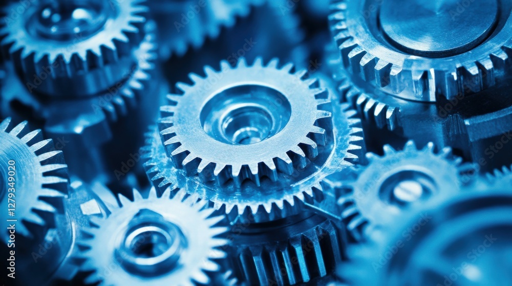 Close-up view of interlocking metal gears in a mechanical assembly, showcasing intricate details