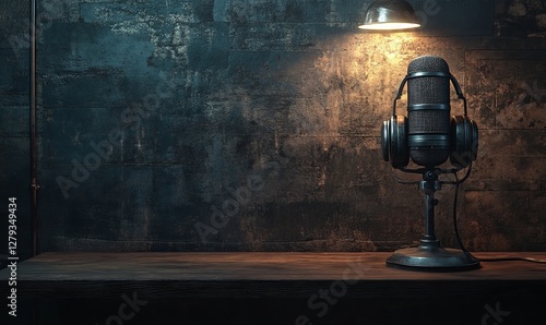 Retro Microphone and Headphones on Wooden Table, Dark Wall Background, Podcast and Radio Concept with Empty Space for Logo or Text, 3D Rendering, Mockup for Audio Content Creation and