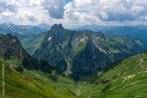 Mountain landscape view with lush green valleys and majestic Hoefats peaks in Bavaria Alps photo