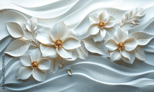 Abstract Floral 3D Tiles Wall Texture with Digital Flowers and Leaves Modern Artistic Design, Elegant Nature-Inspired Interior Decoration Ideal for Contemporary Home Decor and Aesthetic © Dev Forge