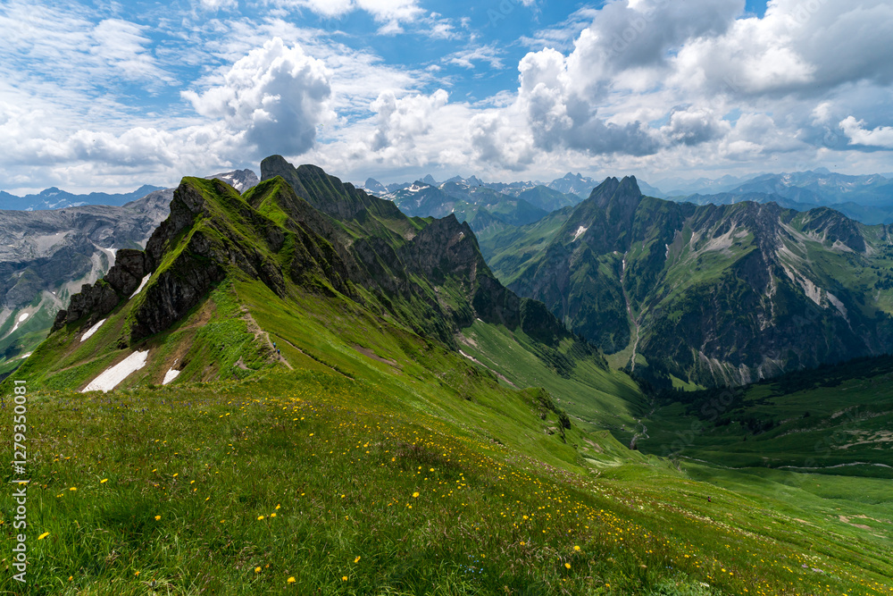 Fototapeta premium Mountain landscape view with peaks and grassy hills in Bavaria Alps region