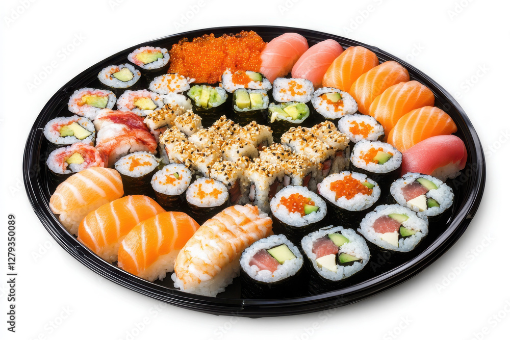 A plate of assorted sushi isolated on a white background, A plate of assorted sushi isolated on a white background,