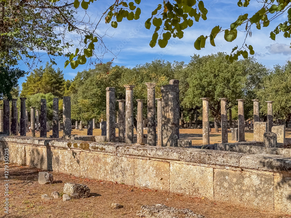 Olympia, Greece - July 4, 2024: Birthplace of the Olympic Games. Ruins south side of the Ancient Gymnasium Olympia, Greece - July 4, 2024: Birthplace of the Olympic Games. Ruins south side of the Ancient Gymnasium