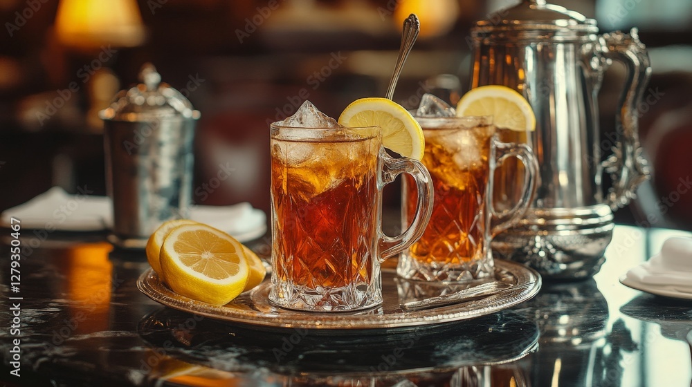 Refreshing Iced Tea with Lemon Slices on a Silver Tray Refreshing Iced Tea with Lemon Slices on a Silver Tray