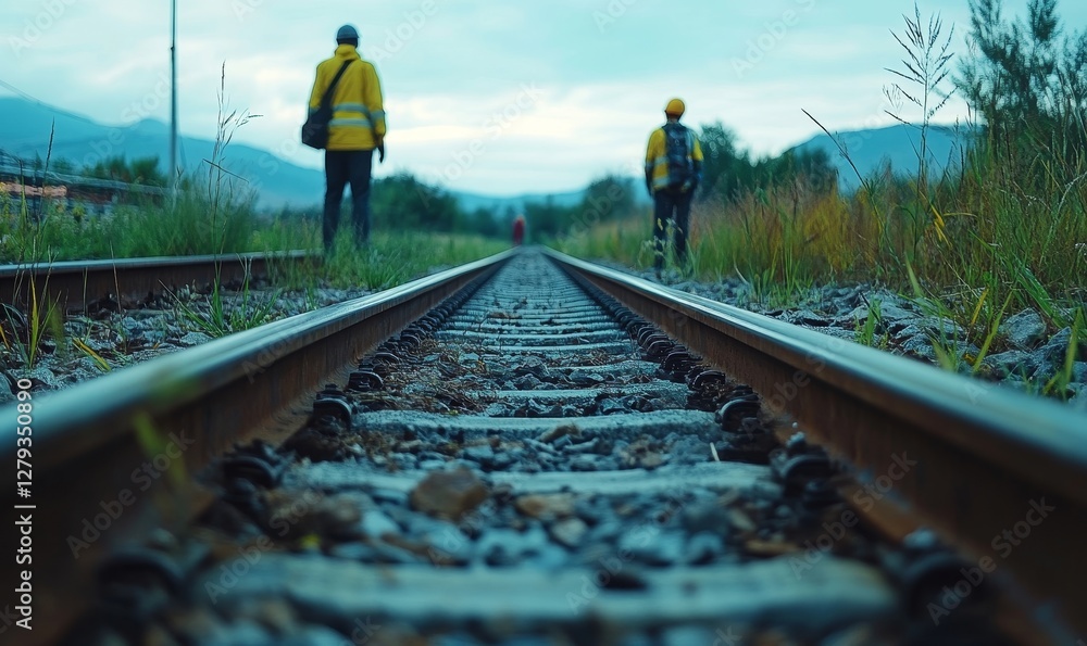 Naklejka premium Focused View on Railway Tracks with Blurred Background of Railroad Workers in High Visibility Clothing Inspecting the Site