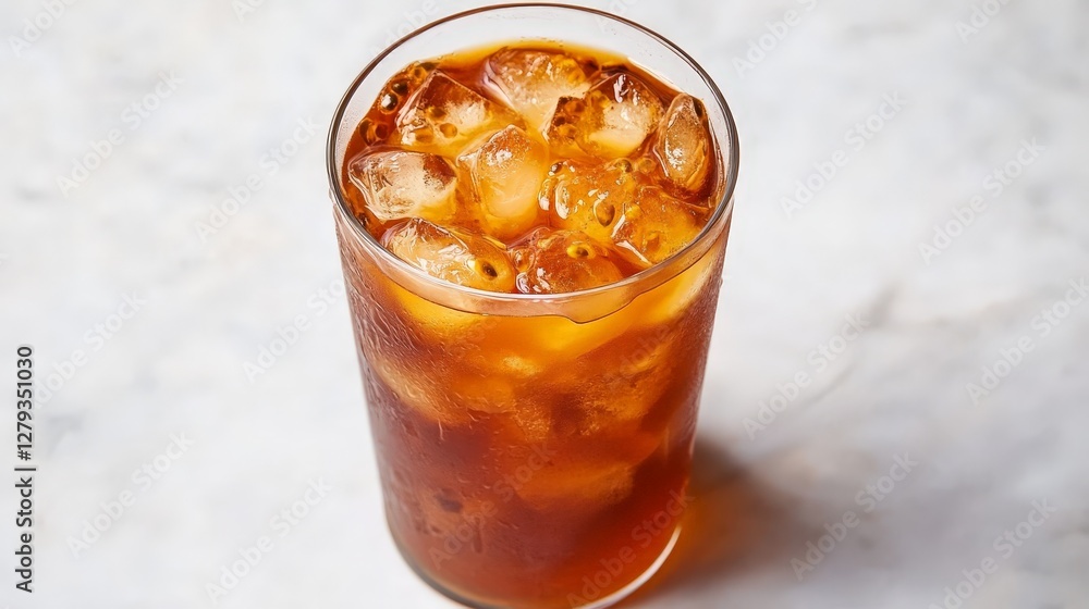 Refreshing Glass of Iced Beverage with Ice Cubes on a Marble Surface Refreshing Glass of Iced Beverage with Ice Cubes on a Marble Surface