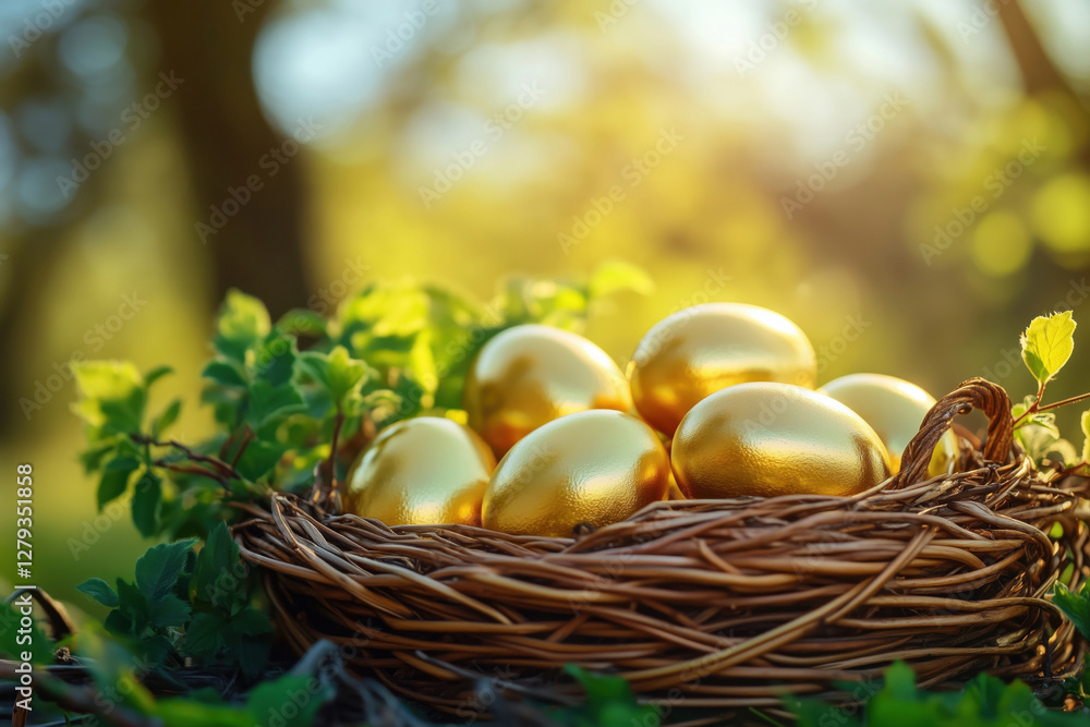 Golden eggs in a basket placed in a garden Golden eggs in a basket placed in a garden