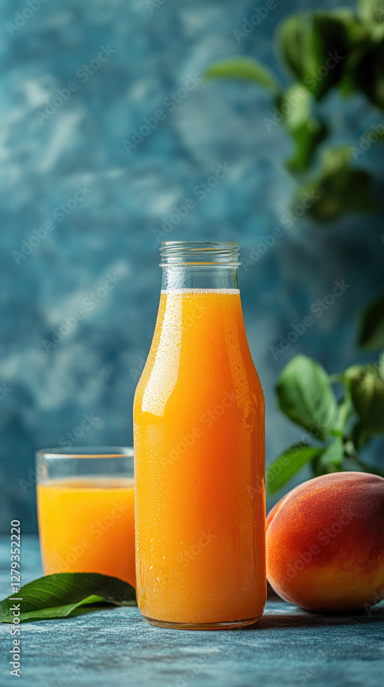 Image of appetizing presentation of several bottles of peach juice on white background. There is empty space on the bottle, label for brand name. copy space , mockup Image of appetizing presentation of several bottles of peach juice on white background. There is empty space on the bottle, label for brand name. copy space , mockup