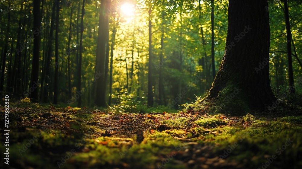 Obraz premium Sunlit forest floor with moss, leaves, and trees.