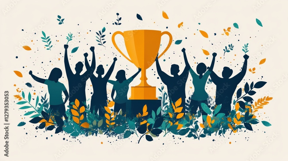 Celebration of achievement with diverse group of people raising hands around a trophy amidst foliage Celebration of achievement with diverse group of people raising hands around a trophy amidst foliage