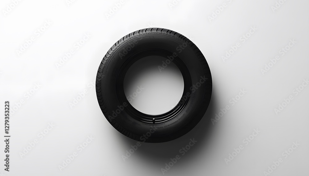 Black car tire is displayed on a white surface Black car tire is displayed on a white surface