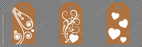 Set blank white paper price tags or gift tags. Set of gift or price tags shapes with hearts and love. Vector templates for cutting. Valentine's Day tag stencils. Mock up paper price tags or gift tags
