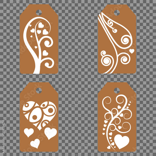 Set blank white paper price tags or gift tags. Set of gift or price tags shapes with hearts and love. Vector templates for cutting. Valentine's Day tag stencils. Mock up paper price tags or gift tags