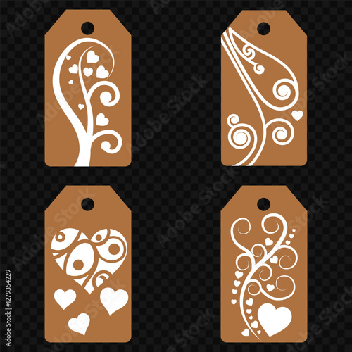 Set blank white paper price tags or gift tags. Set of gift or price tags shapes with hearts and love. Vector templates for cutting. Valentine's Day tag stencils. Mock up paper price tags or gift tags