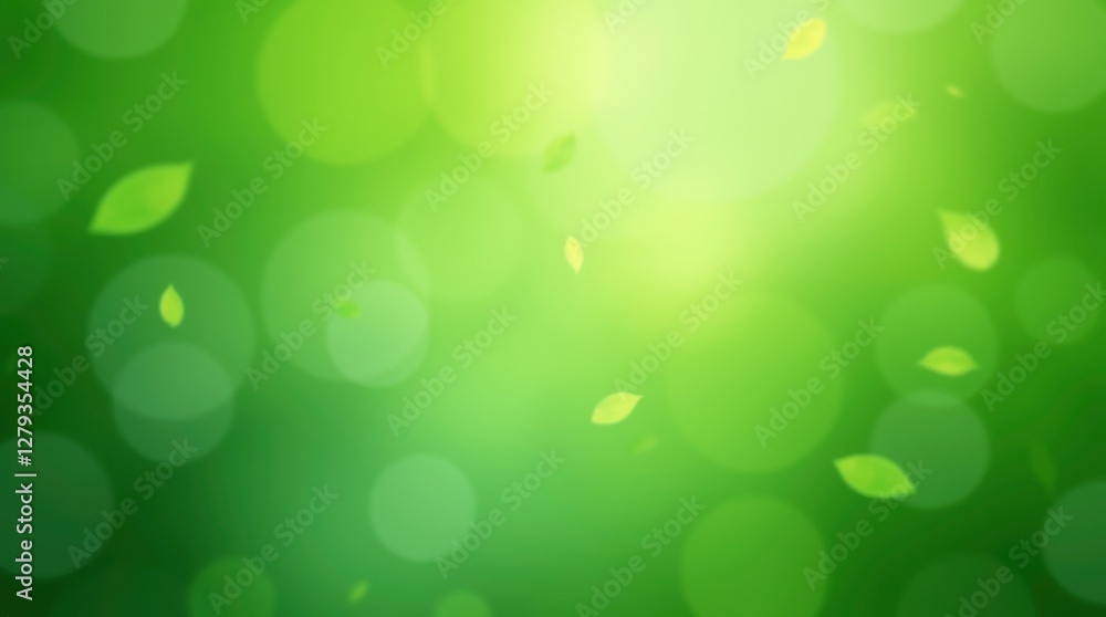 Wide vibrant green backdrop with new leaves and shimmering light spots in a swirl pattern Wide vibrant green backdrop with new leaves and shimmering light spots in a swirl pattern