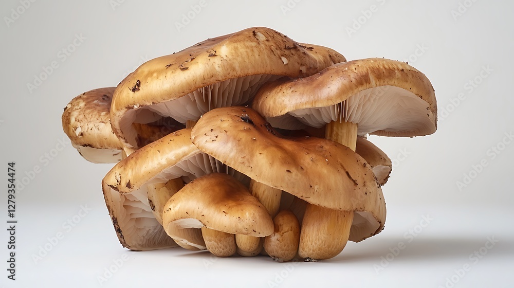 Fototapeta premium A mushroom bundle with diverse cap sizes and subtle lighting effects, placed in sharp focus on a solid white background.