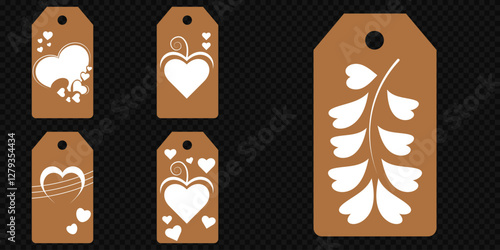 Set blank white paper price tags or gift tags. Set of gift or price tags shapes with hearts and love. Vector templates for cutting. Valentine's Day tag stencils. Mock up paper price tags or gift tags