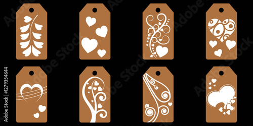 Set blank white paper price tags or gift tags. Set of gift or price tags shapes with hearts and love. Vector templates for cutting. Valentine's Day tag stencils. Mock up paper price tags or gift tags