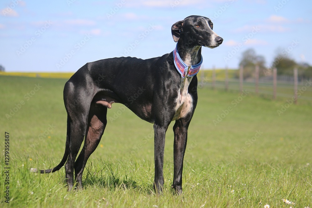 portrait of a pretty black galgo with white markings on the chest standing on a green meadow portrait of a pretty black galgo with white markings on the chest standing on a green meadow