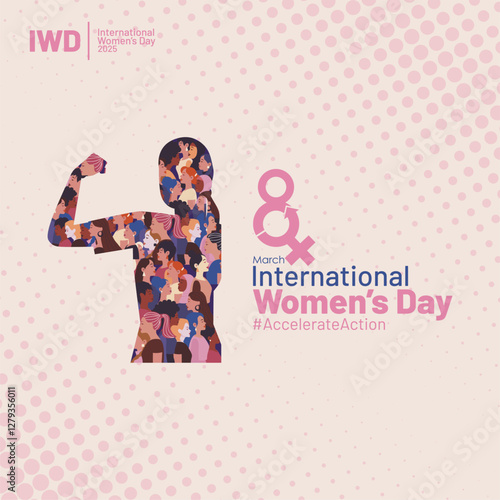 International womens day accelerate cction 2025 campaign pose. IIWD 2025 greeting with diverse women show strong gesture to symbolize acceleration and action.