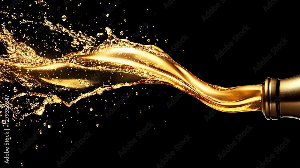 Obraz premium Golden liquid pouring from a bottle, creating a dramatic splash against a black background. Luxurious and elegant.