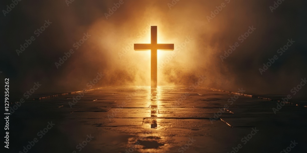 Naklejka premium Evocative silhouette of illuminated cross surrounded by misty atmosphere at dusk